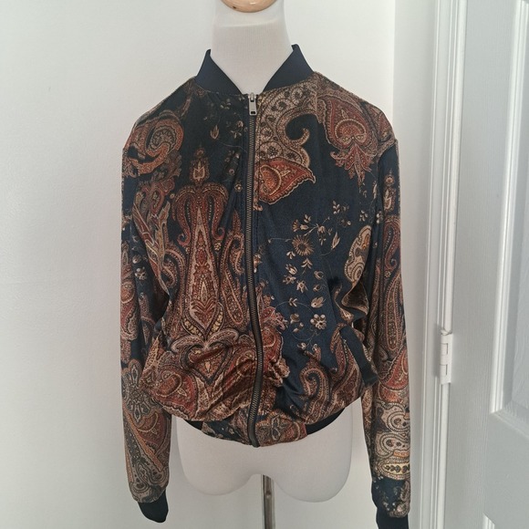 Zara Jackets & Blazers - Zara Paisley Print Bomber Jacket Navy Rust Gold Floral Full Zip Lightweight S